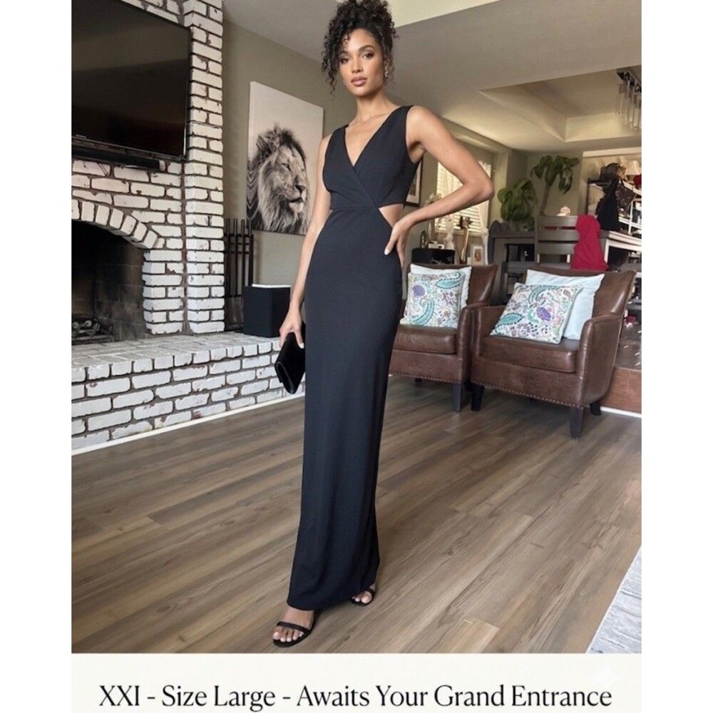 XXI Black L Maxi Dress Cutout Waist V-Neck Formal Prom Evening Minimalist Gown